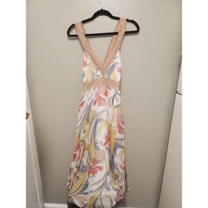 Nicole by Nicole Miller Silk Floral Maxi Dress Crochet Trim Pink Blue Yellow 8